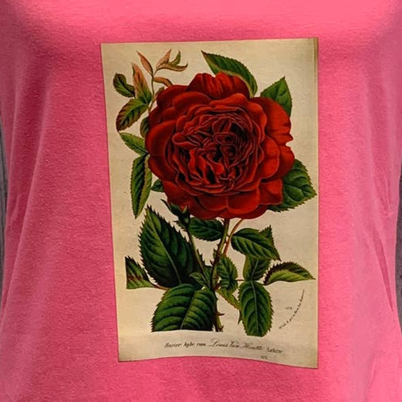 New Hand Printed Womens Large Vintage Book Page Red Rose Flower V-Neck Tee Top - Picture 2 of 5